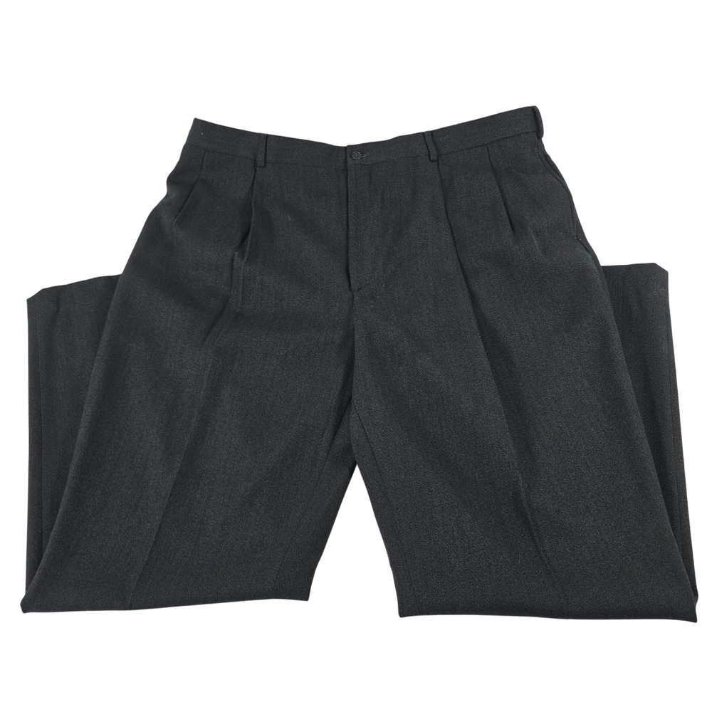 AKA Eddie Bauer Mens Charcoal Gray Wool Pleated Dress Pants Size 44 Herringbone